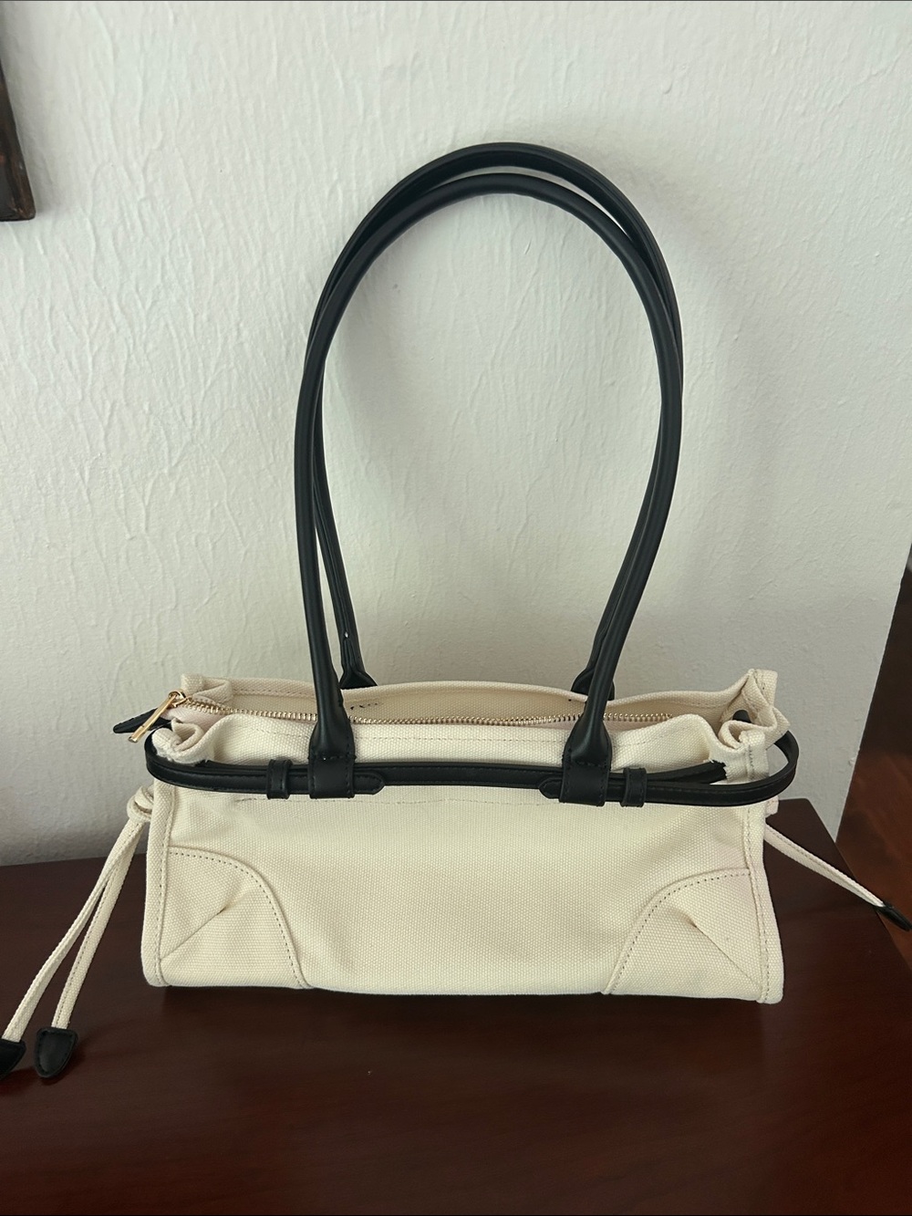 Anthropologie ivory canvas black leather trim bag purse